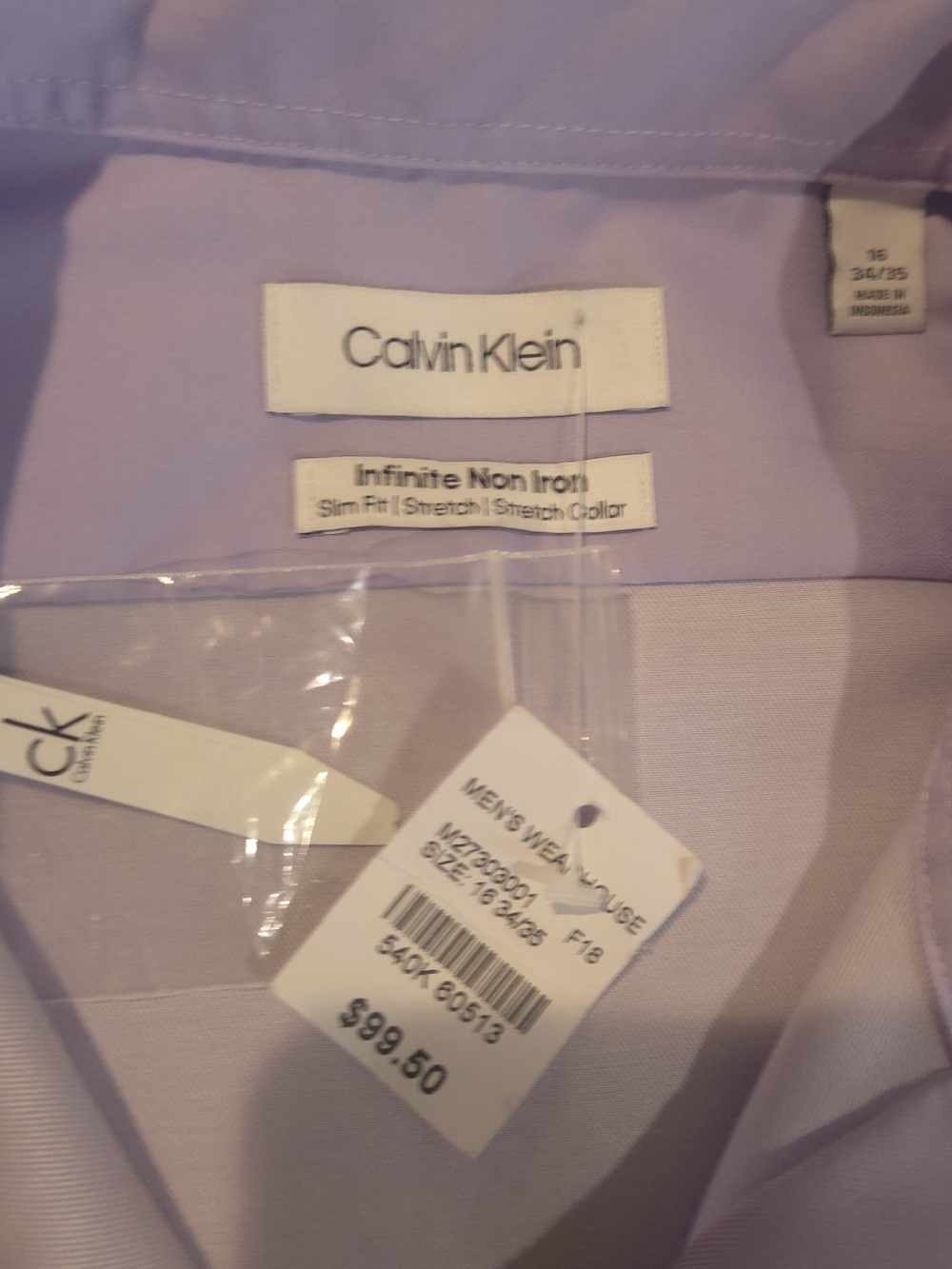 Calvin Klein Infinite Non Iron Slim Fit Dress Shirt Mens 16 34/35 L Lavender NWT